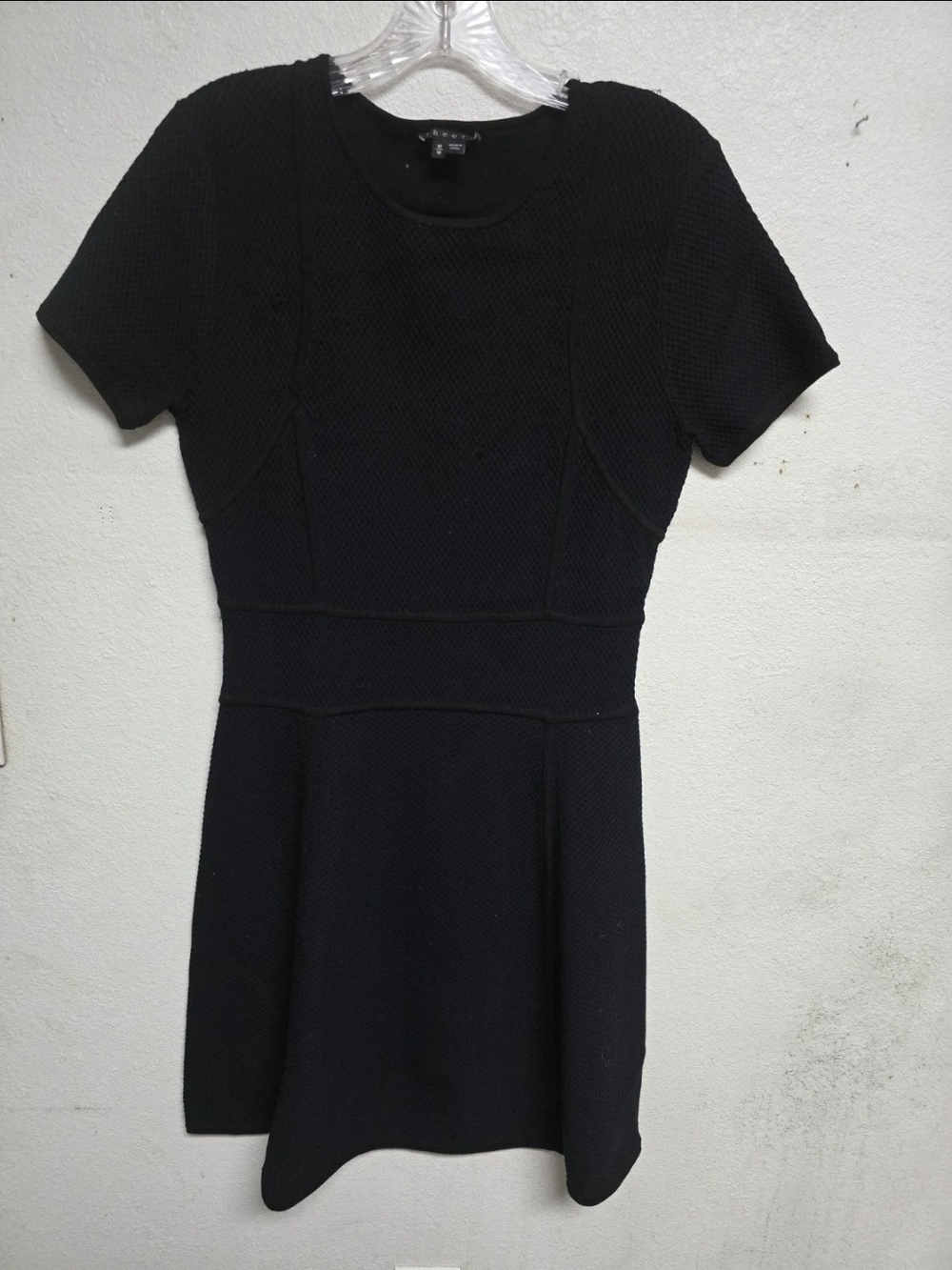 Theory Black Textured Short-Sleeve Fit and Flare Dress